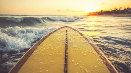 Surfboard at Sunset on Ocean Waves with a Beautiful Horizon