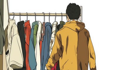 Young person choosing casual clothes from a clothing rack