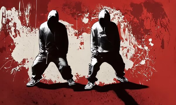 Two hooded figures dance against a red splatter background; urban street art design