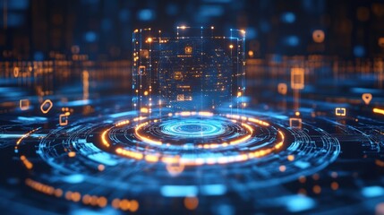 Futuristic data cube interface glowing in digital space