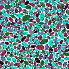 Abstract geometric multicolored layered seamless pattern Bright multicolored chaotic ovals and botanical motifs on white background