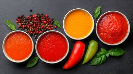 Four tomato sauces, peppers, spices, overhead.  Food photography for recipe blogs