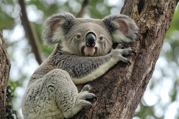 The calm and endearing nature of a koala bear in its natural habitat, its soft, grey fur, large ears, and peaceful expression, set against a backdrop.