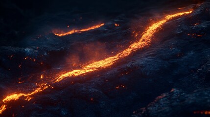 Fototapeta premium Molten lava snakes through darkened terrain, casting an intense, fiery glow against the surrounding rock, evoking a sense of raw, natural power.