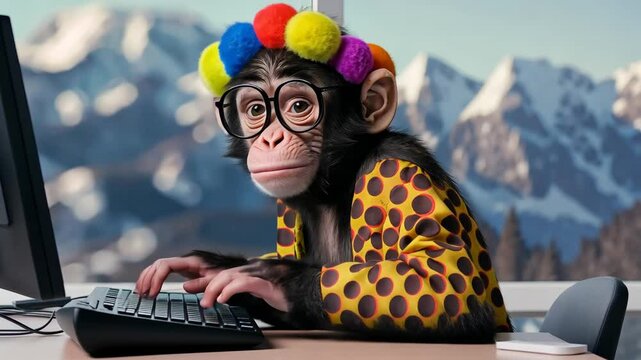 Monkey wearing glasses and a colorful hat is sitting in front of a computer keyboard. The monkey appears to be typing, possibly working on a project or just playing around