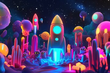 A vibrant, surreal landscape featuring colorful rockets, abstract planets, and glowing structures, set against a starry night sky.