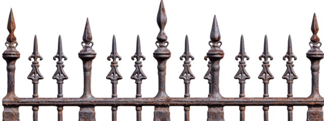 vintage cast iron fence with spear shaped finials, showcasing intricate designs and weathered patina. This decorative element adds character to any outdoor space