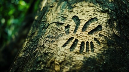 A unique symbol etched into tree bark in a lush forest, highlighting nature's artistry with vibrant green surroundings.