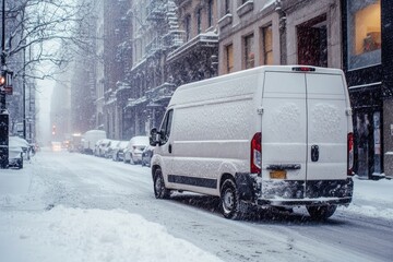 Delivery van on a snowy city street during winter, facing logistical challenges due to heavy snowfall