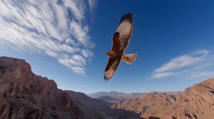 Naklejka premium Hawk soaring high in the blue sky over a rugged desert canyon during a bright sunny day.