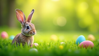 Easter bunny peeking from lush grass, springtime scene, sunlit, image