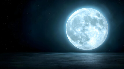 Naklejka premium Full moon over calm water at night, starry sky background; ideal for serene night scenes