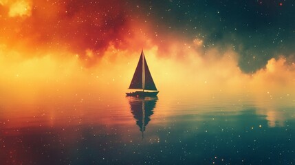 A lone sailboat drifts on a calm sea under a vibrant, star-filled sky, merging tranquility with cosmic wonder.