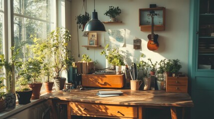 Sunlit home office with plants, guitar, and vintage desk.
