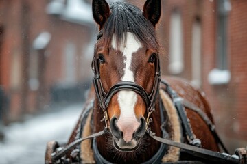 Obraz premium Brown Horse with Bridle in Snowy Winter Street