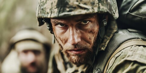 Obraz premium Determined Soldier in Camouflage Gear with Intense Gaze on Battlefield