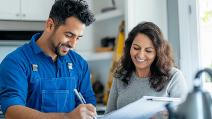 Smiling Homeowner and Contractor Discussing Renovation Plans in Modern Kitchen