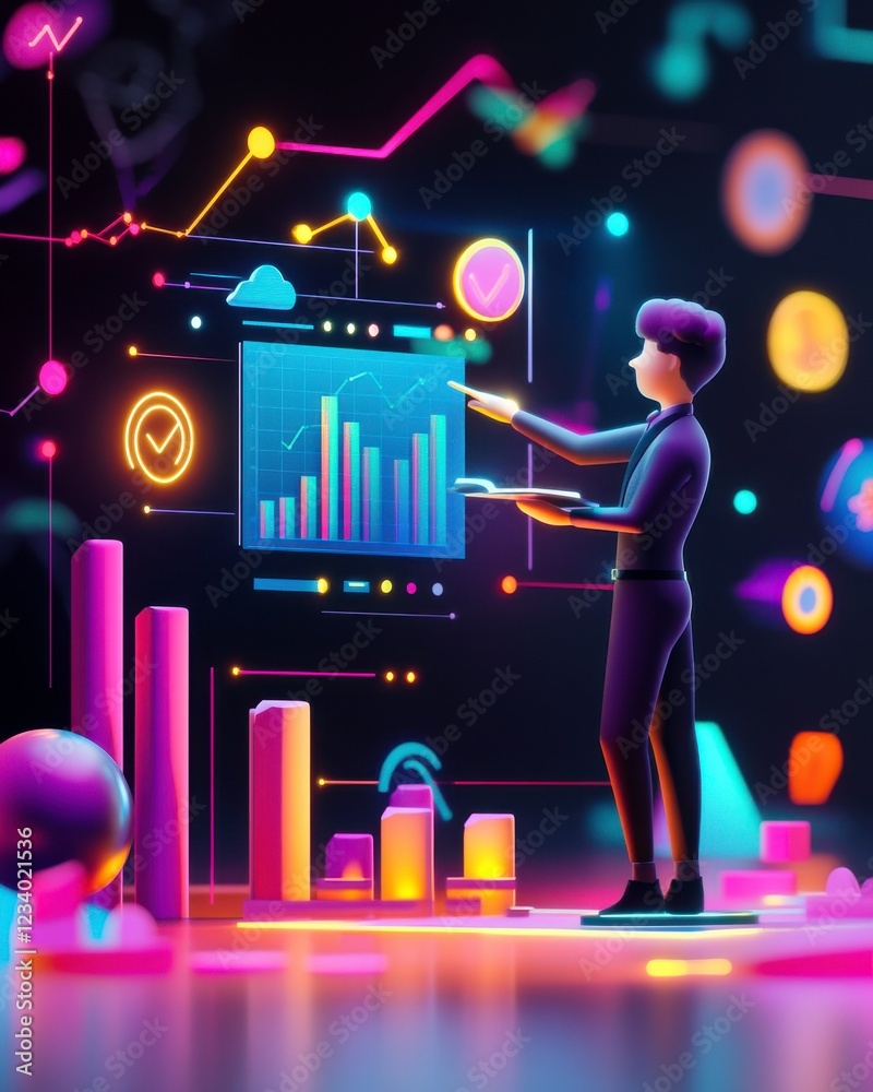 Poster a digital visualization of a person interacting with colorful graphs and data on a futuristic interf