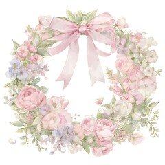 Pastel coquette wreath illustration watercolor flowers.