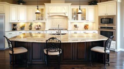 Modern kitchen island, granite countertop, hardwood floors, luxury home interior, design inspiration