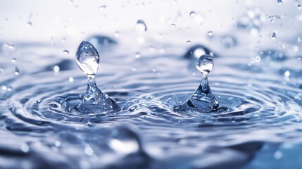Crystal-clear droplets splash playfully in water, capturing the purity and fluidity of nature in a timeless, dynamic composition.
