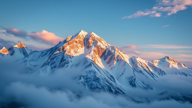 Majestic snow-capped mountain range bathed in the golden light of sunrise, emerging from a sea of clouds, a breathtaking winter landscape.