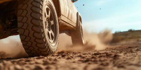Naklejka premium Tight shot of rugged tires kicking up fine sand as the off-road vehicle climbs a dune