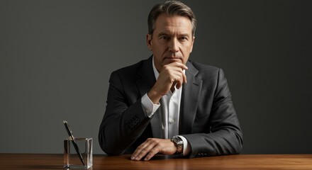 Confident Businessman in a Suit Sitting at a Desk with a Pen and Watch, Deep in Thought - Ideal for Leadership, Corporate, and Professional Themes