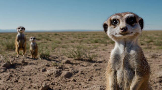 A curious meerkat stands alert in a vast, barren landscape under a clear blue sky, exuding a playful sense of vigilance.