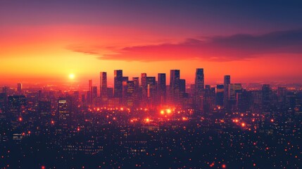 Obraz premium Cityscape sunset, urban skyline, fiery twilight, night lights, aerial view, promotional use