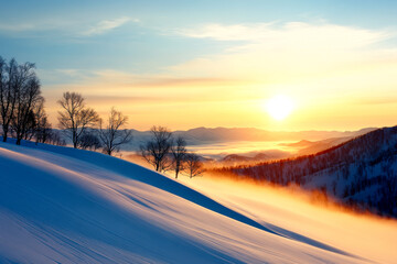 A serene winter sunset over snowy hills, with silhouetted trees against a colorful sky, reflecting tranquility and natural beauty.