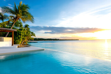 Fototapeta premium A serene sunset view over a tranquil pool, surrounded by palm trees and a calm ocean, creating a perfect tropical getaway atmosphere.