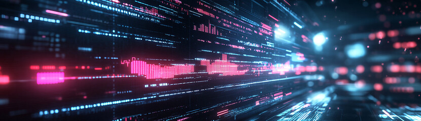 Fototapeta premium Digital data stream: glowing pink and blue codes flow across dark background.