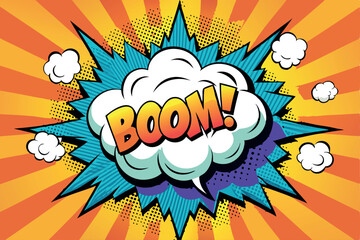 Boom pop art cloud bubble. Smile, wow, pow, cool, ok, oops, wtf funny speech bubble. Trendy Colorful retro vintage background in pop art retro comic style. Illustration easy editable for Your design.