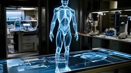 A holographic human anatomy model displayed on a futuristic table in a modern laboratory setting. The image showcases advanced medical technology and scientific research.