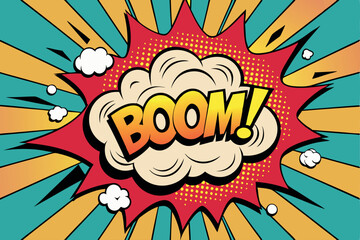 Boom pop art cloud bubble. Smile, wow, pow, cool, ok, oops, wtf funny speech bubble. Trendy Colorful retro vintage background in pop art retro comic style. Illustration easy editable for Your design.