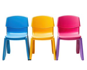Colorful plastic classroom chairs in blue, yellow, and pink create vibrant and inviting atmosphere for learning. Perfect for educational settings or playrooms