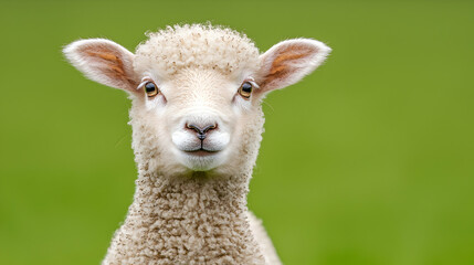 Obraz premium Lamb portrait, green pasture background, springtime, farm animal