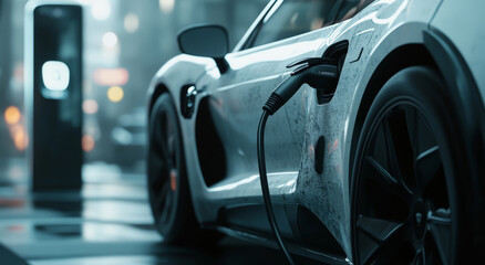 The charging interface of an electric car, the plug has been inserted into the car. The background is pure white, highlighting the design details of the vehicle and charging equipment.