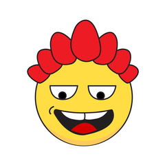 A cartoon smiley face wearing an expression of mischievousness, with narrowed eyes and a playful smirk, accompanied by a vibrant