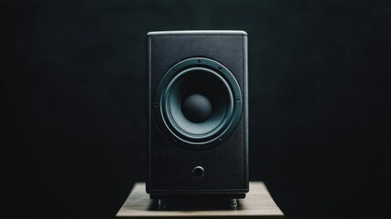 Black speaker on wooden surface against dark background.