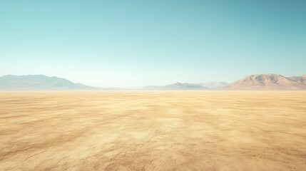 Fototapeta premium Vast desert landscape stretches endlessly under a hazy blue sky Golden sand gently ripples in soft light. AI Generated