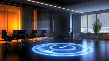 Modern office interior with a futuristic holographic projection on the floor.