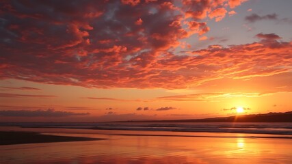 Obraz premium A breathtaking sunset over a tranquil ocean beach, showcasing vibrant orange and red cloudscape, reflecting the warm light on the wet sand.