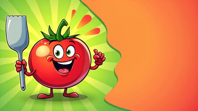 Cartoon tomato with a playful expression, holding a fork, set against a bright yellow background, creating a fun and cheerful vibe. Concept of food, humor, and digital illustration