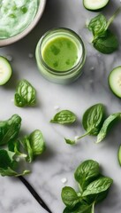 Obraz premium Fresh green smoothie jar with spinach and cucumber on marble background