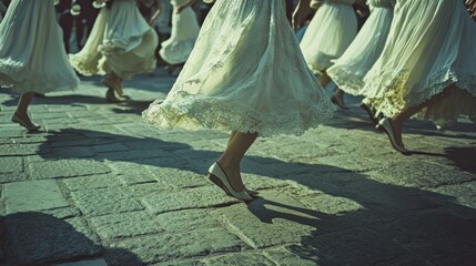 A dynamic moment of dancers in flowing skirts, capturing the motion and energy of a lively street...