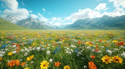 Fototapeta premium Vibrant Wildflower Meadow, Majestic Mountain Vista