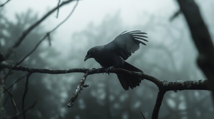 Fototapeta premium A crow perches on a foggy branch, wings slightly open, in a hauntingly mysterious, mist-shrouded woodland setting.