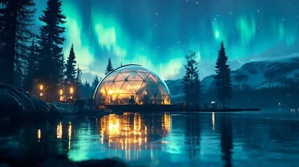 Glass geodesic dome illuminated at night, reflecting in a calm lake, with a breathtaking aurora borealis display in the sky above and snowy mountains in the background.